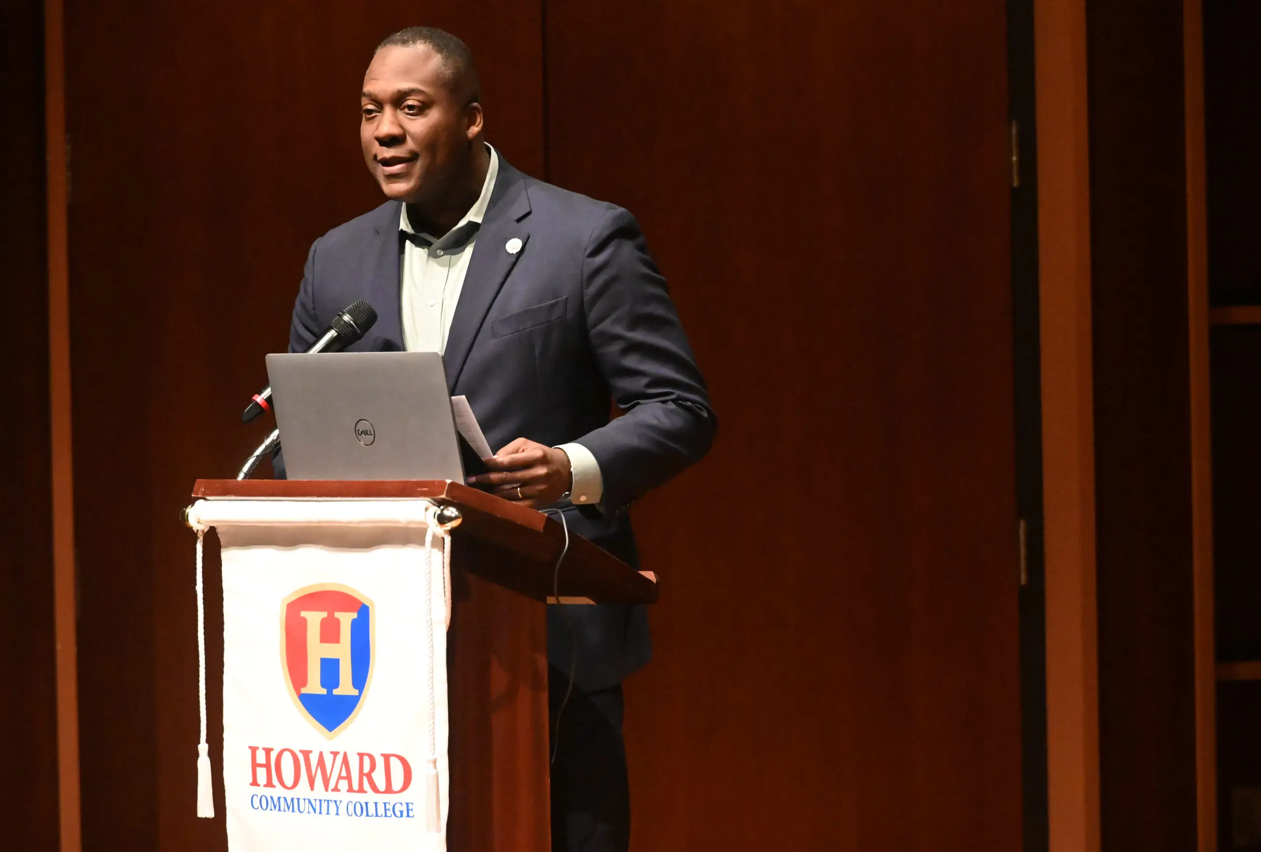 Howard County Executive Calvin Ball speaks during the announcement of the Howard County Arts and Culture Plan, held at Howard Community College's Horowitz Center on Thursday. (Brian Krista/Staff)