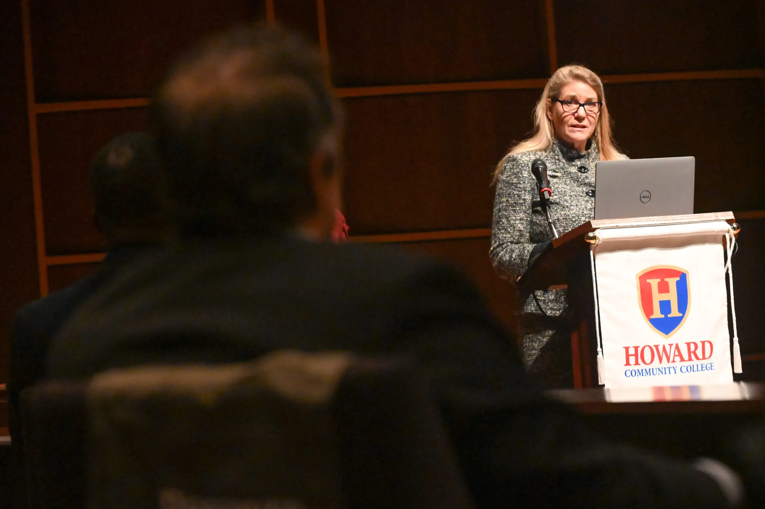 Coleen West, Executive Director of the Howard County Arts Council, speaks during the announcement of the Howard County Arts and Culture Plan, held at Howard Community College's Horowitz Center on Thursday. (Brian Krista/Staff)