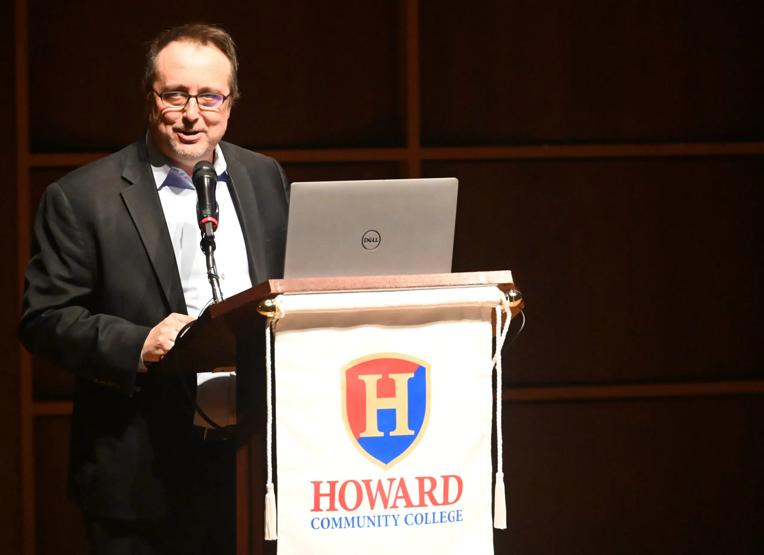 Adam Stull, President of the Board of Directors of the Howard County Arts Council, speaks during the announcement of the Howard County Arts and Culture Plan, held at Howard Community College's Horowitz Center on Thursday. (Brian Krista/Staff)