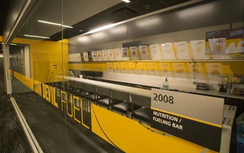 The food lounge at ASU's athletic facility provides quick, healthy snacks and protein bars for athletes to grab between meals and training sessions.