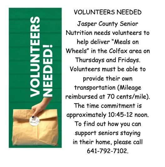 Jasper County Senior Nutrition Needs Meal Delivery Help in Colfax