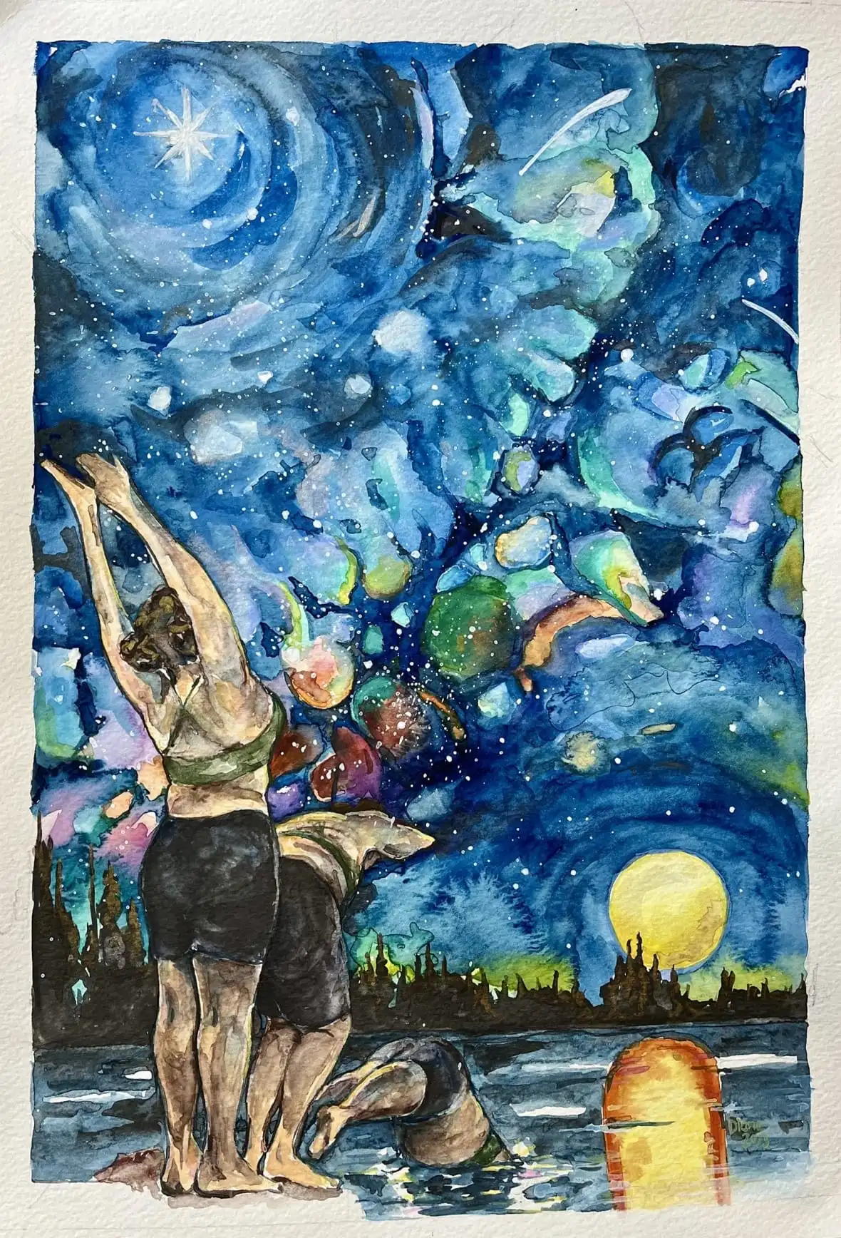 watercolour painting of woman stretching in front of starry night scene