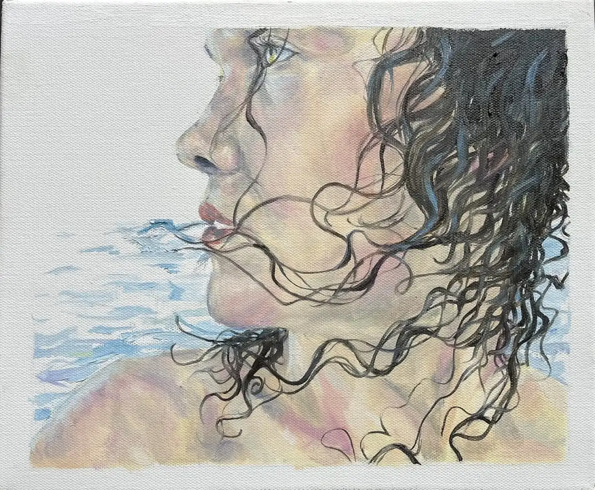 Watercolour painting of woman with dark curly hair looking off to the left distance