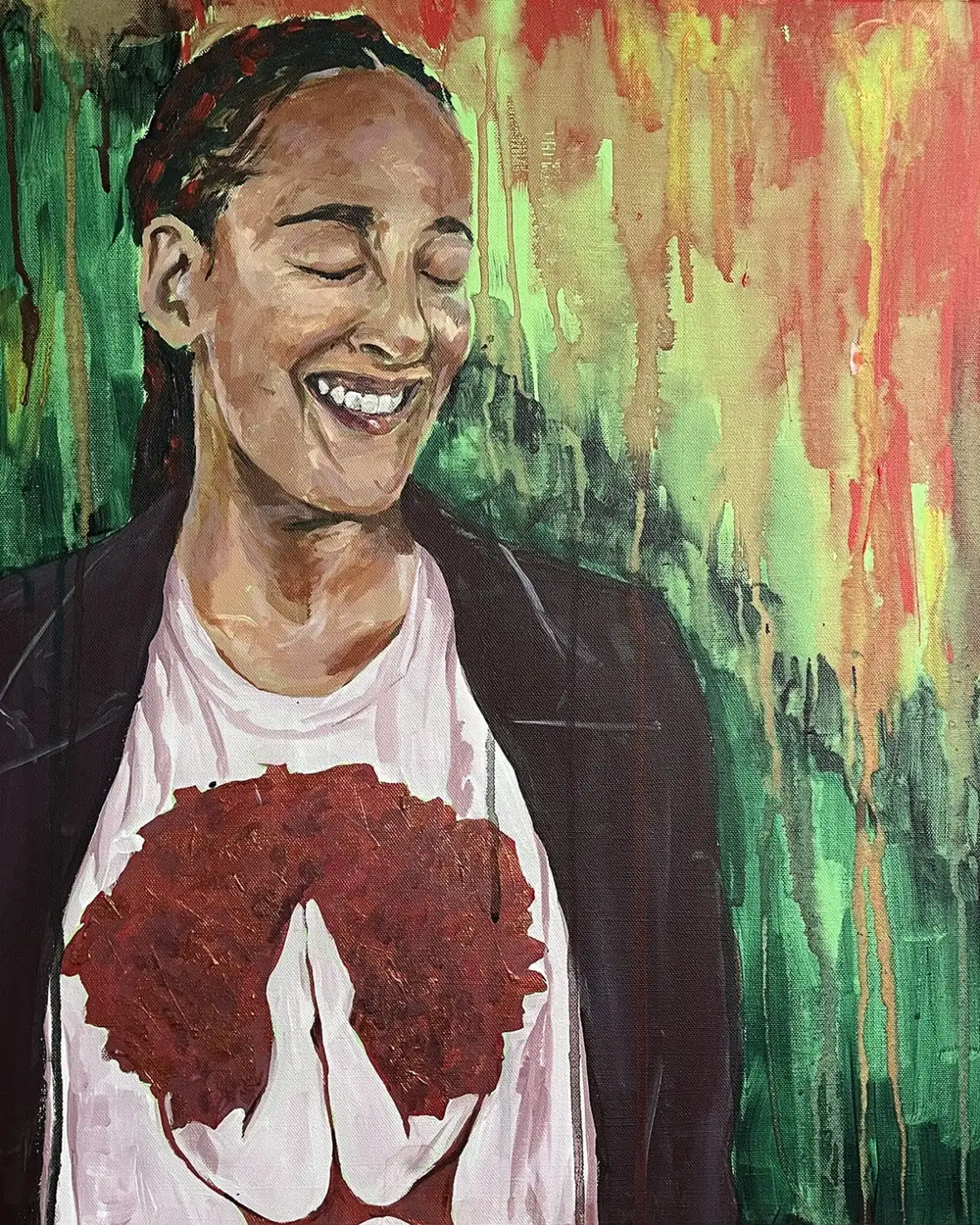 Painting of woman in black cardigan and white t-shirt with colourful background