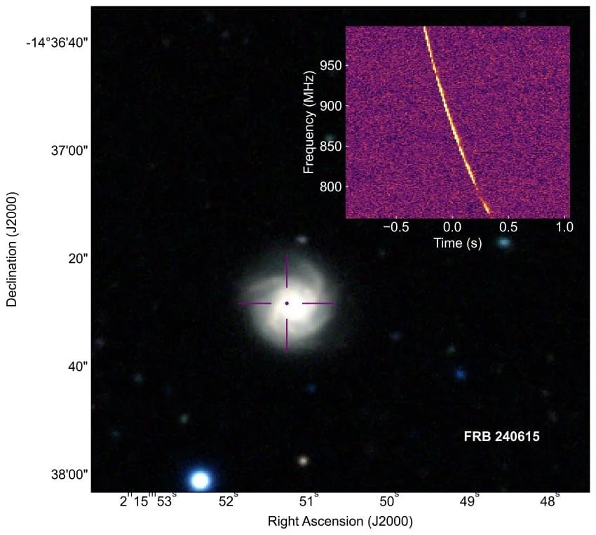 A blurry image of a spiral galaxy with an inset graph of the fast radio burst detected from it.