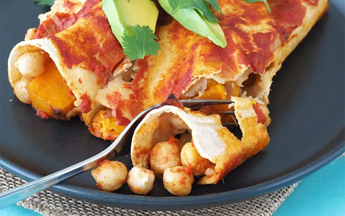 Vegan pumpkin chickpea enchiladas