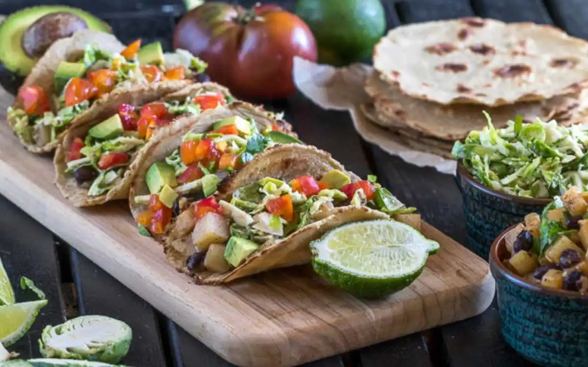 vegan potato tacos with brussels sprouts slaw and quinoa tortilla