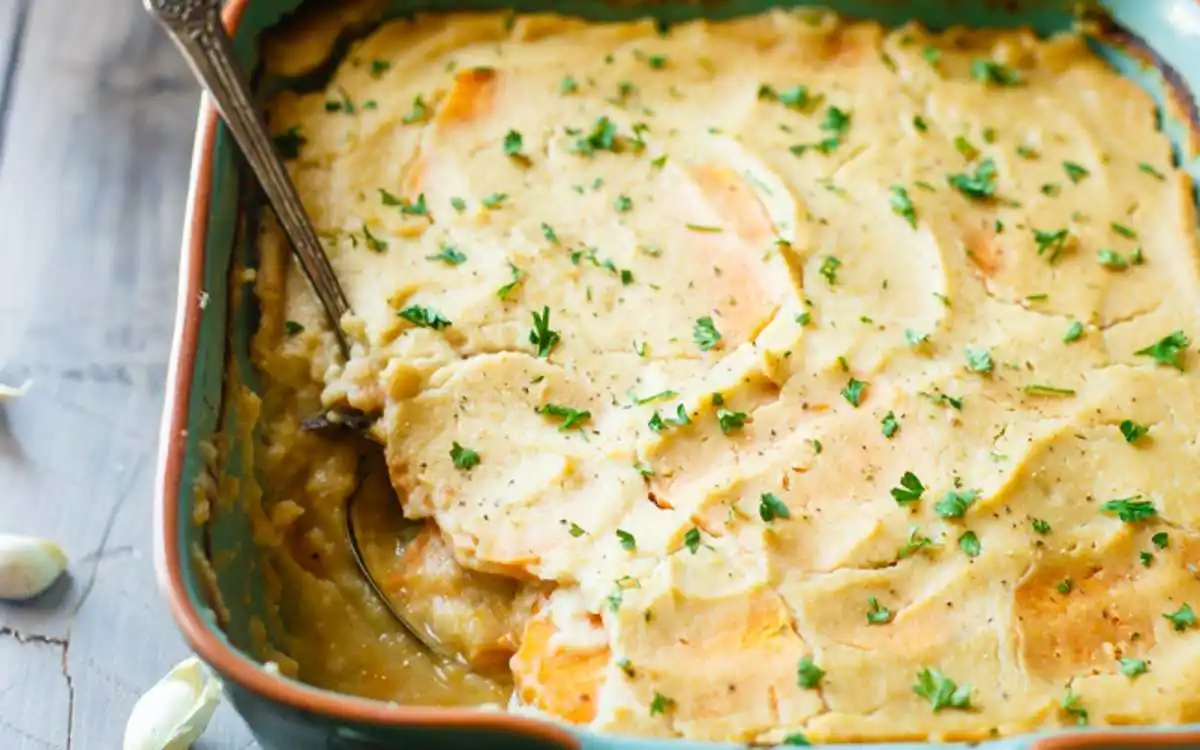 vegan scalloped potatoes in cauliflower sauce