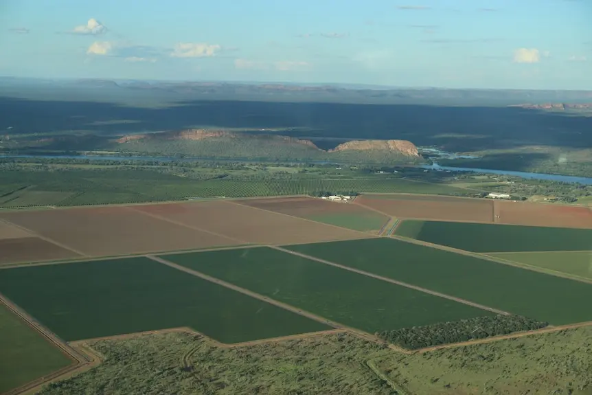 An aerial shot of farmland in the outback.