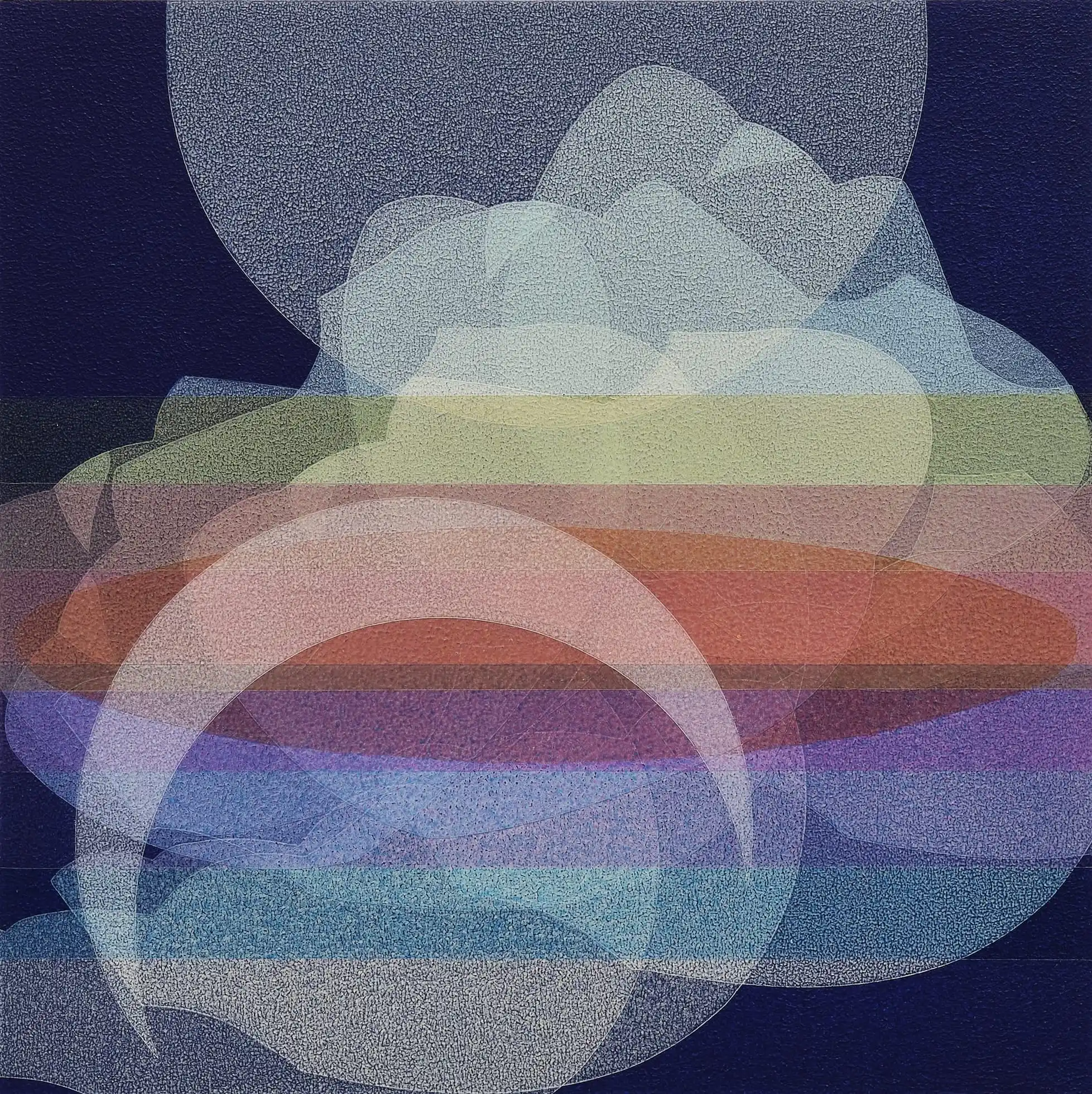 an abstract painting of numerous semi-transparent layers of color, roughly outlining the profiles of faces and moons, creating a prismatic optical effect