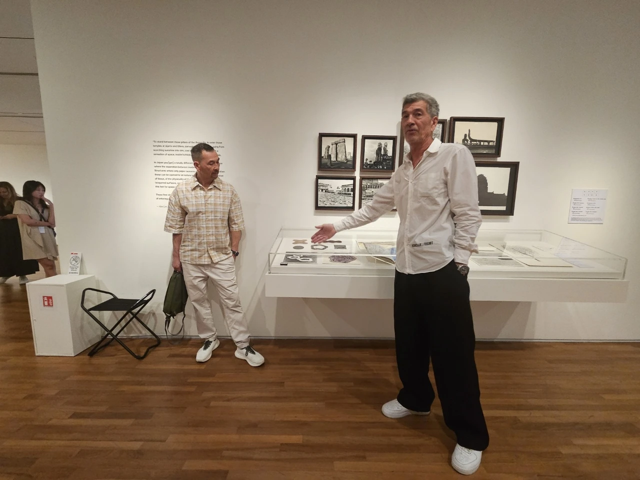 Alex Turnbull (right) and Johnny Turnbull give a press tour on Jan. 15 for the exhibition  “Kim Lim: The Space Between” at the National Gallery of Singapore. (Park Yuna/The Korea Herald)