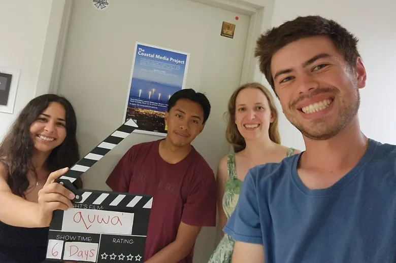 Student filmmakers, from left, Jade Ipina, Jonathan Coronado, Catherine Scanlon and Ryan Grant from UCSB documented in the film “quwa’” the history of and what remains of an island in the Goleta Slough, which once was the center of the most heavily populated Chumash area in California.