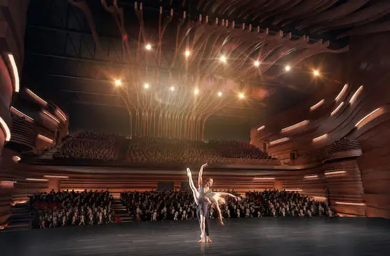 an illustration of a concert hall with wavy wood paneling detail for ceiling and two dancers on stage