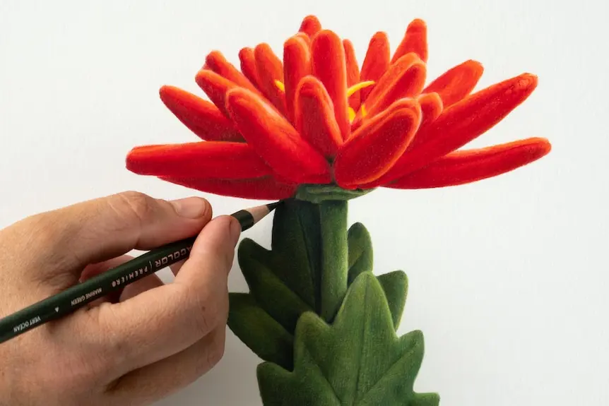 Close up of hand holding pencil up to lifelike drawing of red flower with green stem.