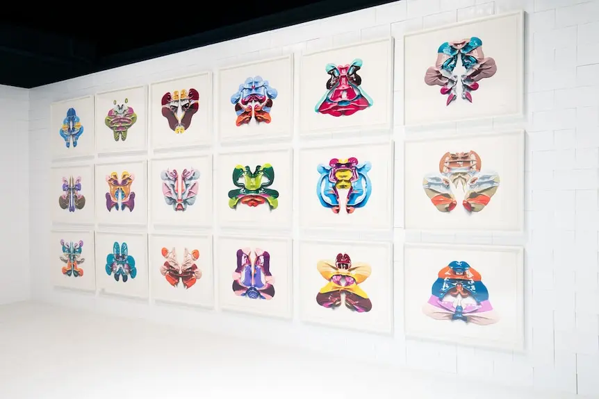 A white wall covered in individual canvases with brightly coloured painted rorshach images.