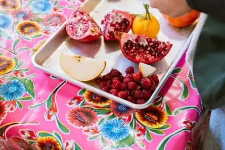 A tray of cut pomegranate, apple, raspberries, and a mandarin orange atop a colorful tablecloth