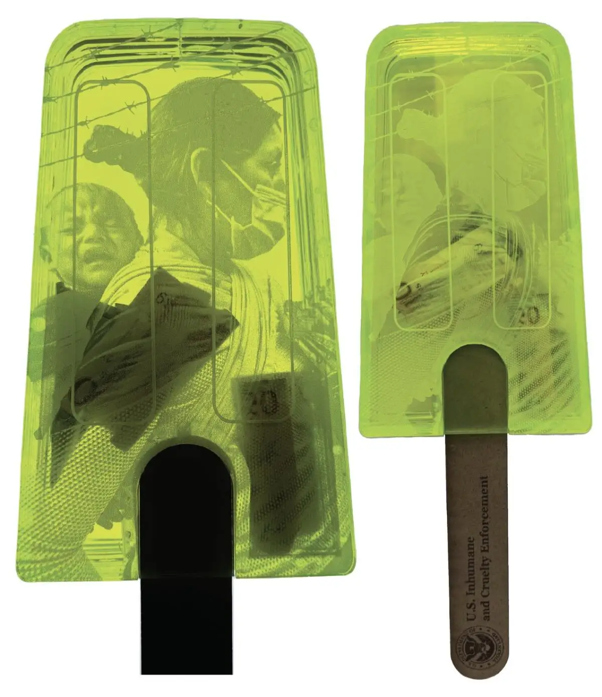 An artwork of paper money folded inside two lime-green acrylic popsicles