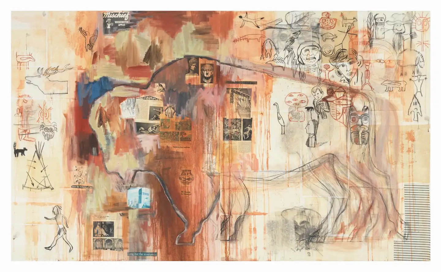 Ms.Smith's 1993 piece “I See Red: Indian Drawing Lesson,” a work of mixed media on canvas.