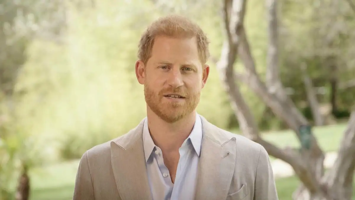 Royal Prince Harry wears a khaki blazer and blue shirt