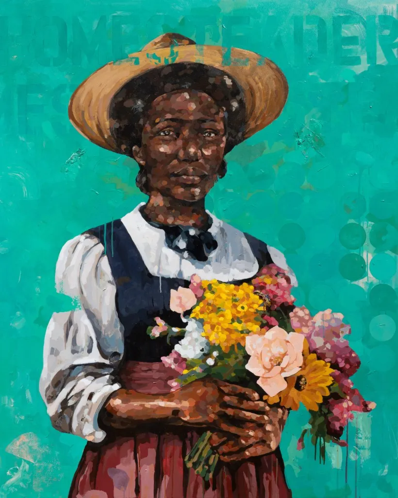 Portrait of a Black woman with a straw hat holding a bouquet of flowers, turquoise background