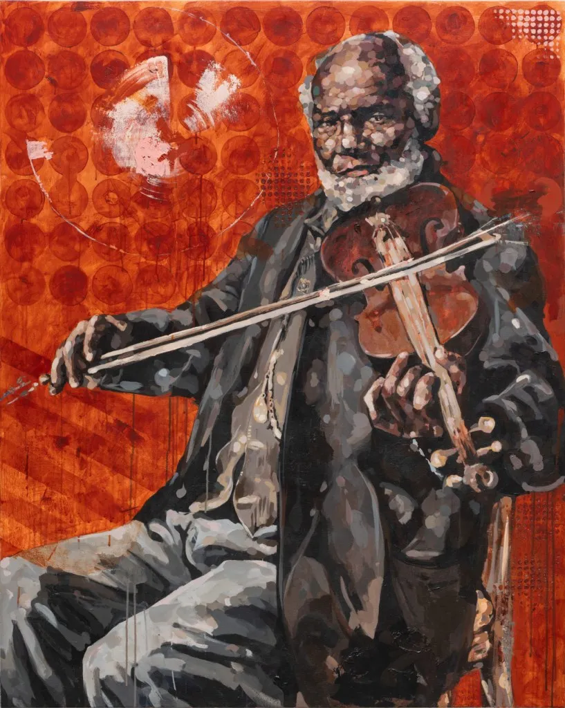 Black man with gray hair and beard with fiddle poised under his chin