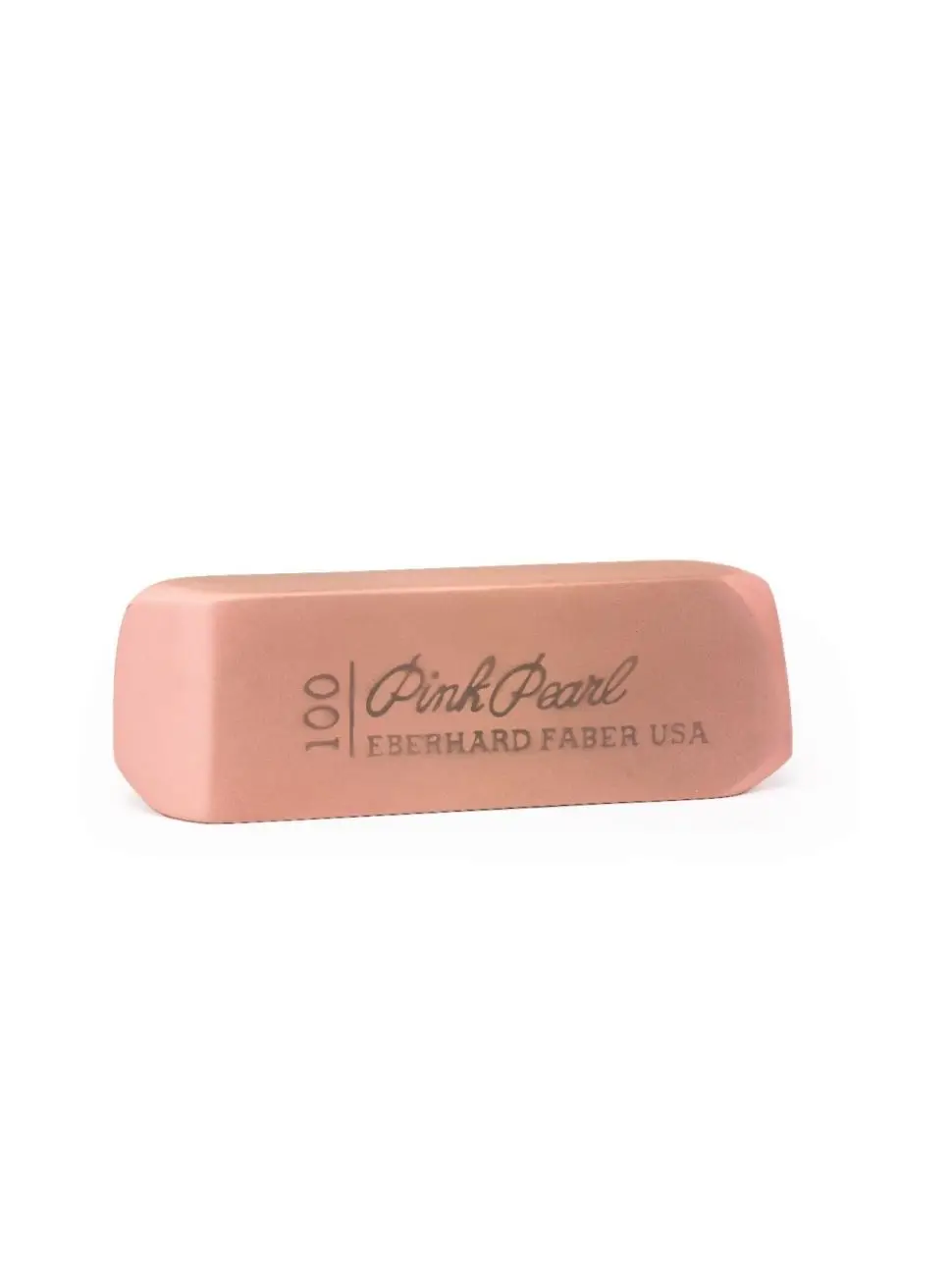 A close-up image of a classic Pink Pearl eraser, light pink with gray lettering, is placed against a white background.