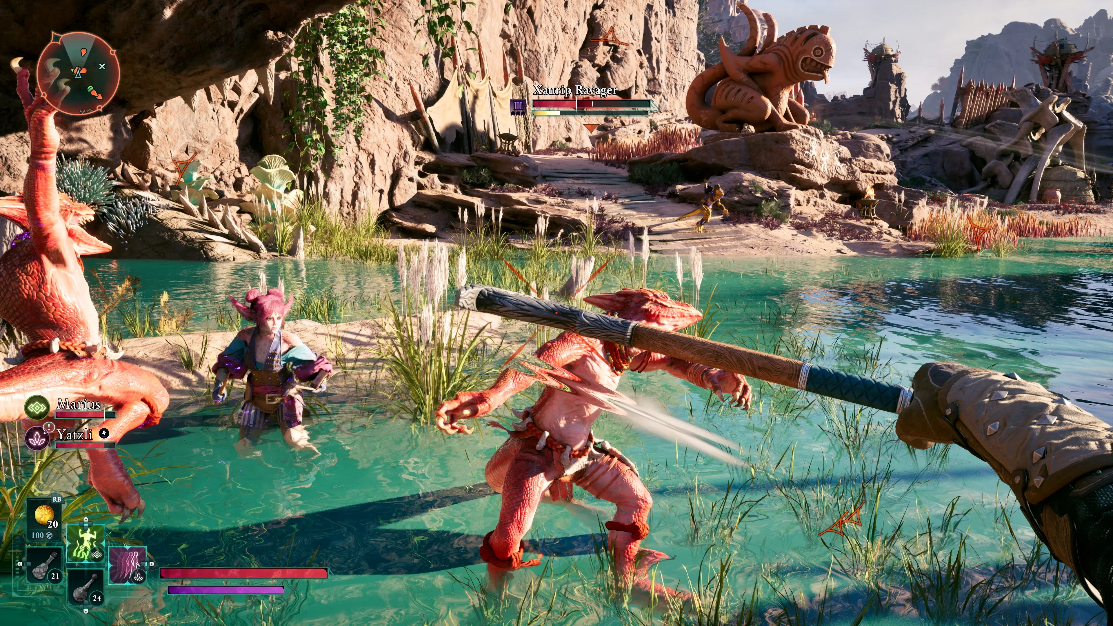 The player character swings a melee weapon to hit a lizardlike Xaurip.