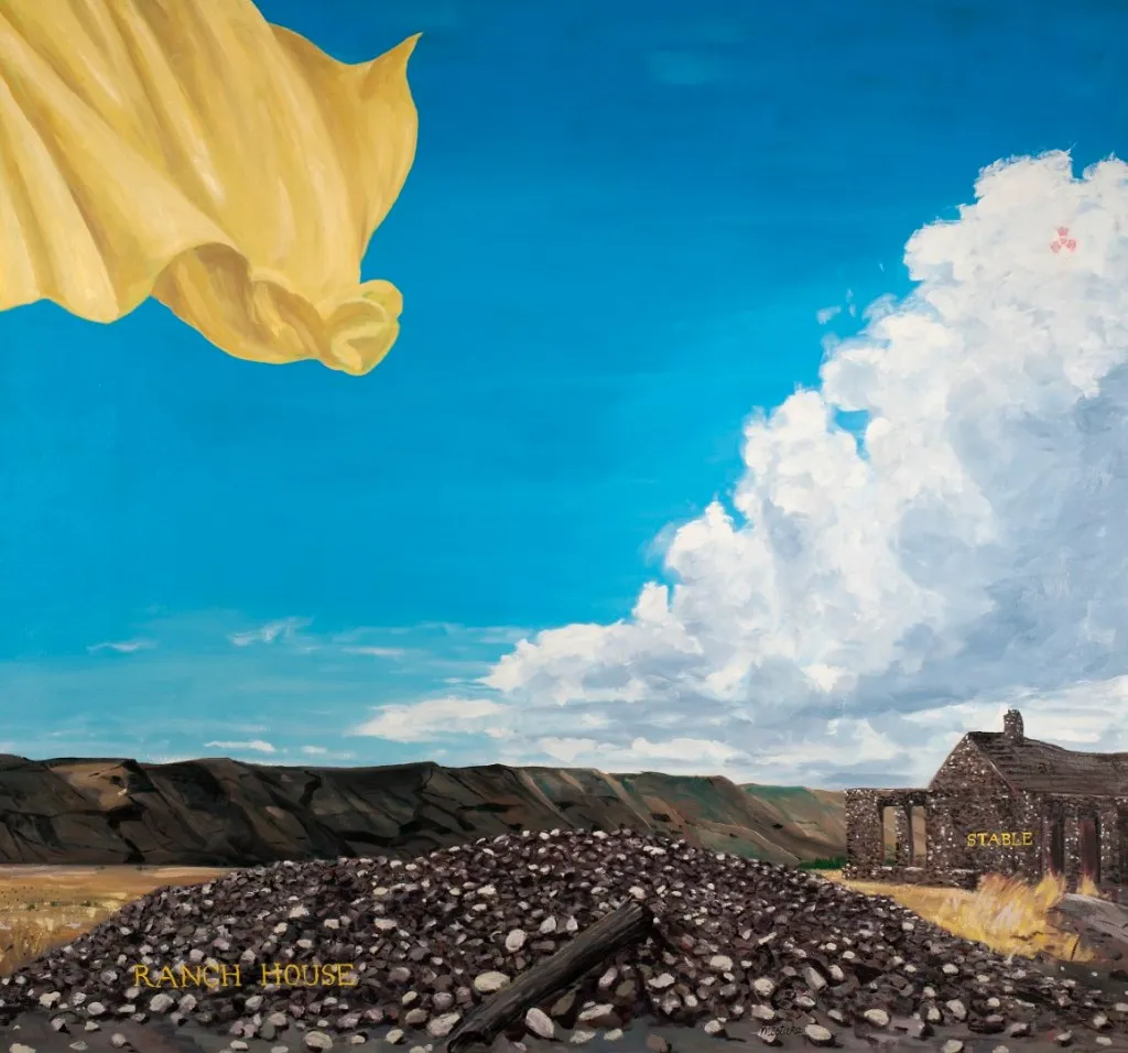 landscape with yellow flag in the upper left corner of the composition