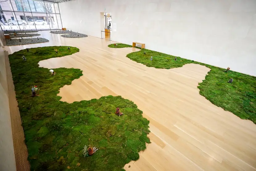 “Mignon Votives” by Haegue Yang take over the floor of a room at the Nasher Sculpture Center.