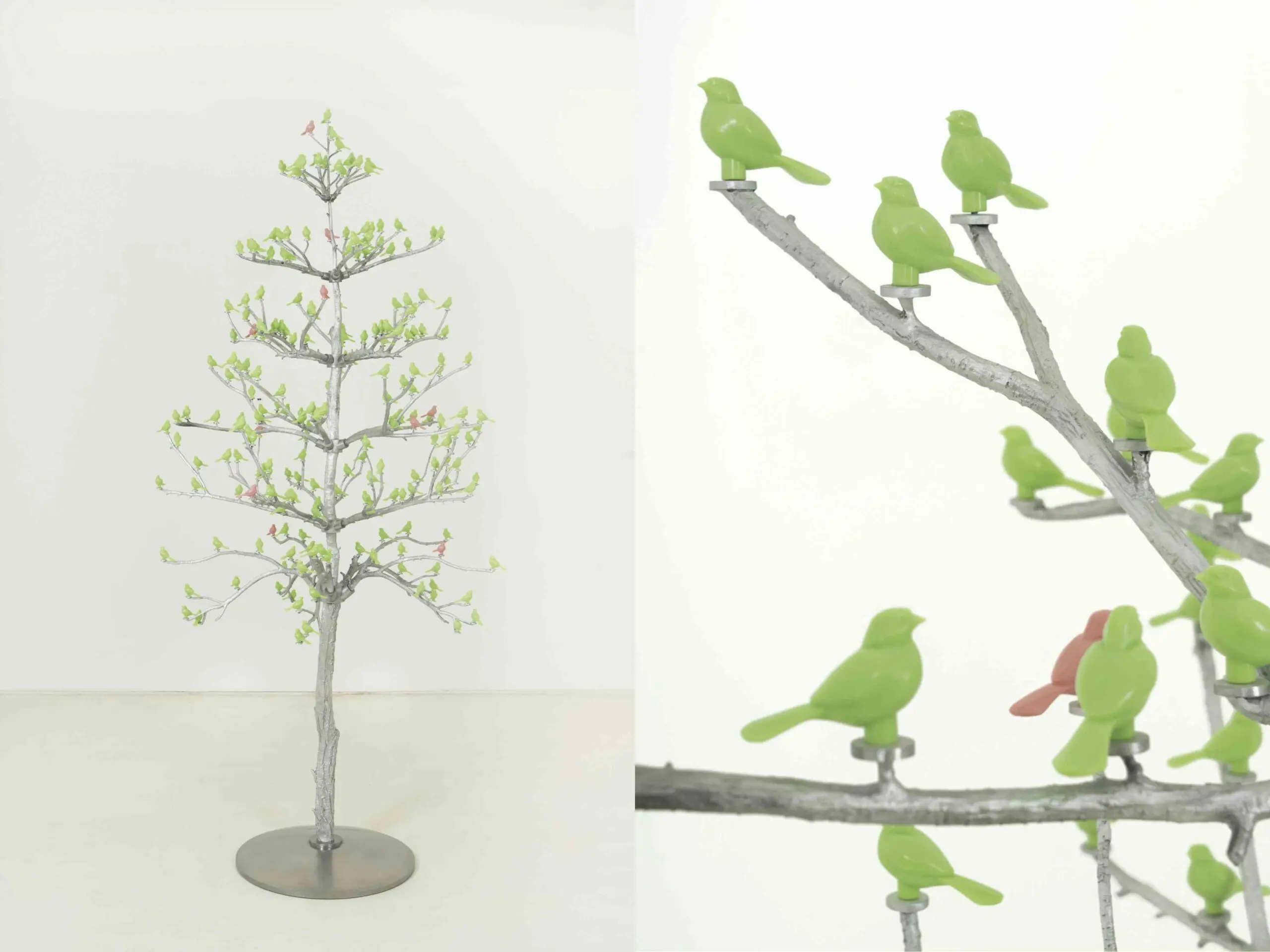 Diptych featuring Renee Jin's sculpture of an artificial tree, in which each layer is made from the same replicated branch next to a close-up of said tree.