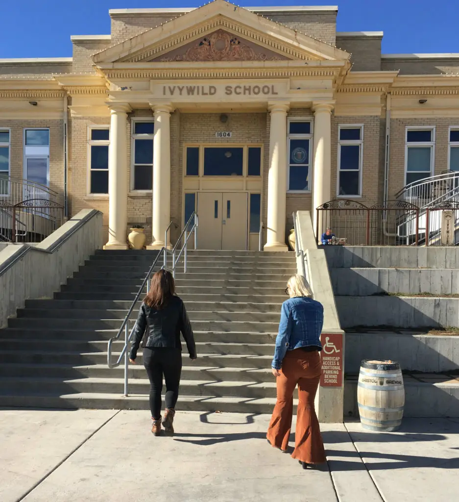 Two people walking up the steps to the Ivywild School