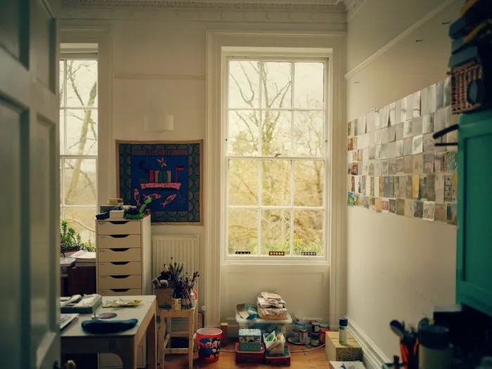 Himid’s studio in hers and Stawarska’s house, overlooking a park