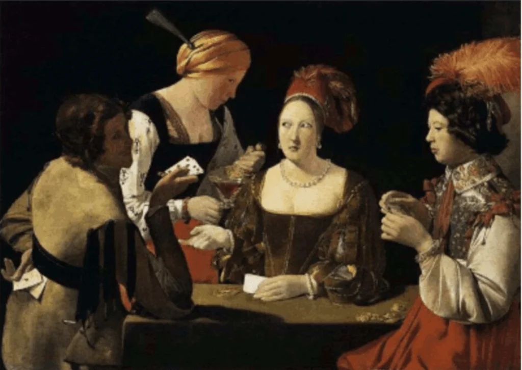 Georges de la Tour, The Cheat with the Ace of Clubs, ca. 1630-34, oil on canvas, 38.5 x 61.5 inches, Kimbell Art Museum, Fort Worth, Texas.