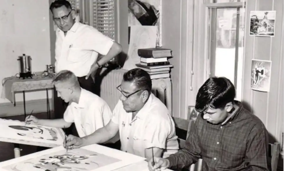 Left to right: Oscar Howe, unidentified student, Richard Red Owl, Donald Montileux