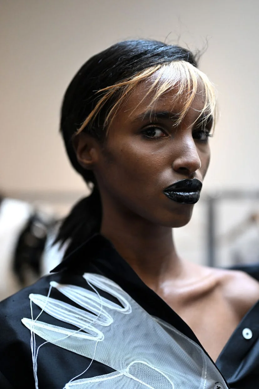 A model backstage at the KEBURIA show during London Fashion Week February 2025 at The Hellenic Centr...