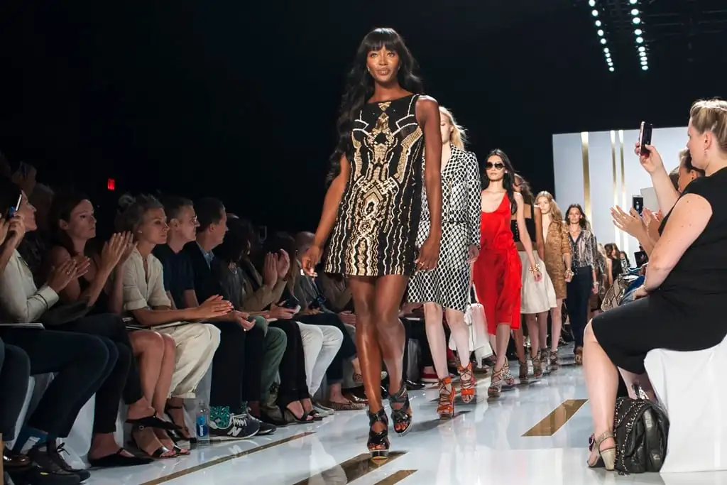 Naomi Campbell presents a creation from the Diane von Furstenberg spring/summer 2014 collection at New York Fashion Week in 2013. Photo: Reuters