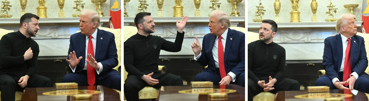 Three photos show men sitting and talking. they gesture heatedly in the first two then look away from each other in the last.