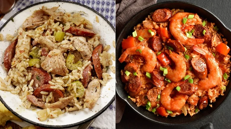 Split image of brown Cajun jambalaya with chicken and sausage and red, Creole jambalaya with shrimp and sausage