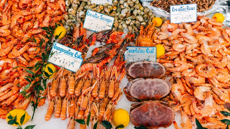 Display of assorted shellfish for sale
