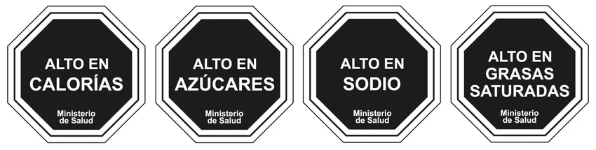 Front-of-packaging warning labels used in Chile indicating that foods are high in calories, sugars, salt and saturated fat/ Chilean Ministry of Health