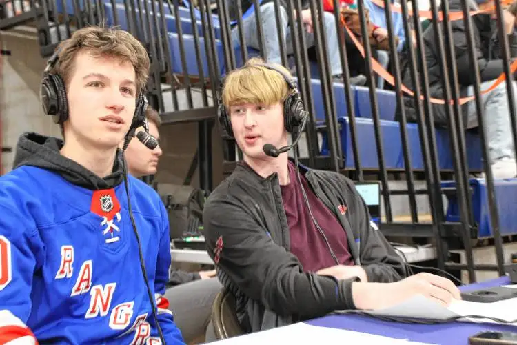 Frontier Regional School seniors Mason Smith, left, and Tyler Wolkowicz have helped develop Frontier Community Access Television’s athletics broadcasting program over the last several years.