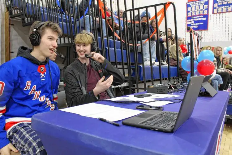 Frontier Regional School seniors Mason Smith, left, and Tyler Wolkowicz have helped develop Frontier Community Access Television’s athletics broadcasting program over the last several years.