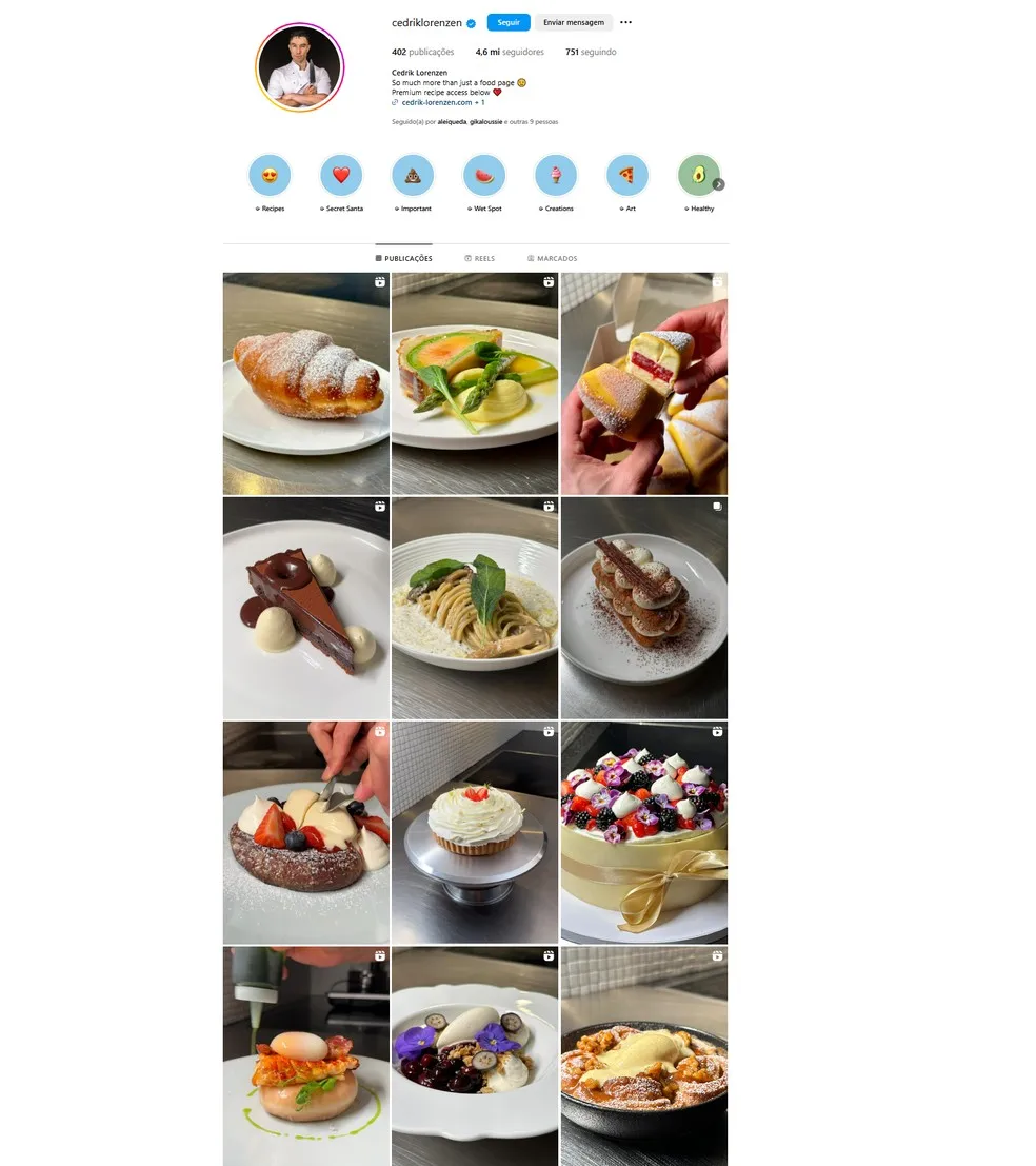 À primeira vista, o feed do Instagram do Cedrik Lorenzen parece ser apenas sobre culinária. — Foto: Reprodução