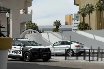 Metropolitan Police squad vehicle sits outside of Boring Company's Vegas Loop station at Westga ...