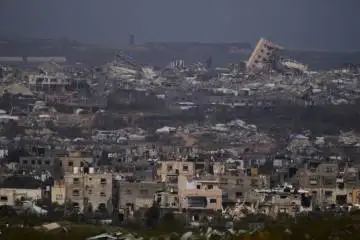 Buildings destroyed during the Israeli air and ground offensive in the Gaza Strip as seen from ...