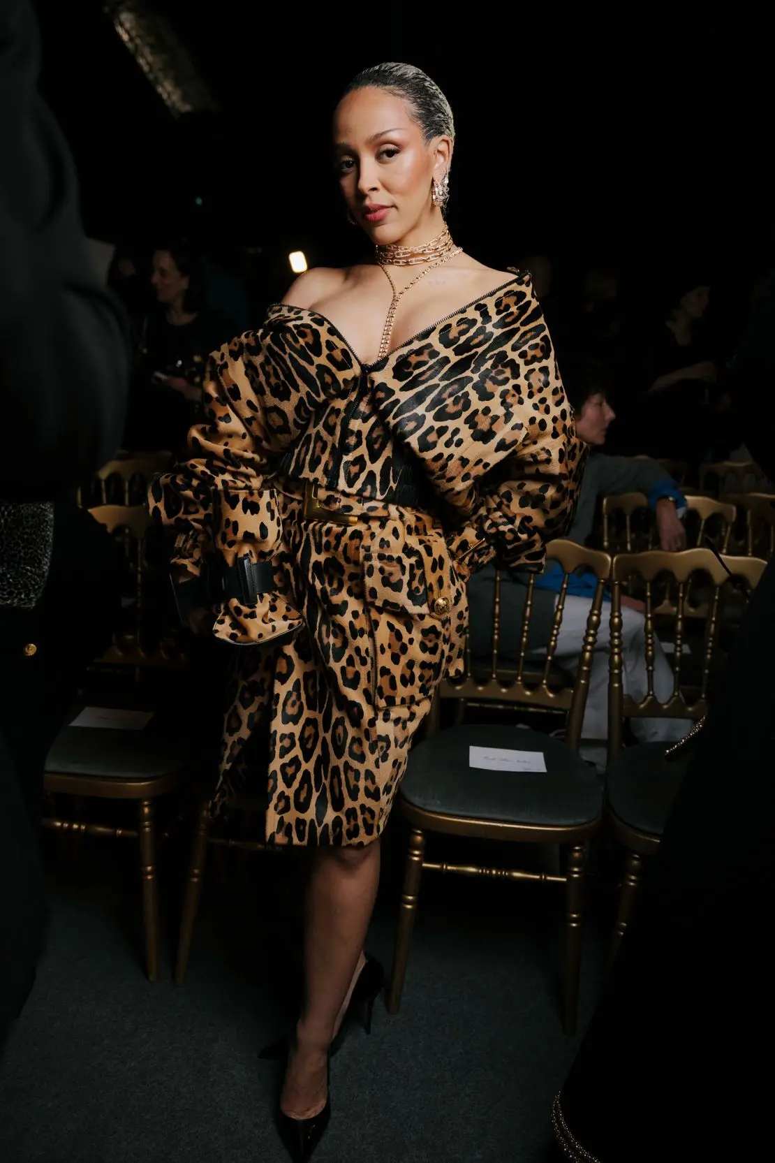 Singer Doja Cat went wild for Balmain in a leopard print jacket and matching skirt.
