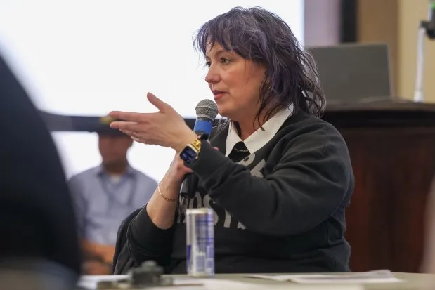 Coya Paz hosts an Arts Advisory Council meeting with Department of Cultural Affairs and Special Events Commissioner Clinée Hedspeth appearing via video at the Chicago Cultural Center, Feb. 25, 2025. (Audrey Richardson/Chicago Tribune)
