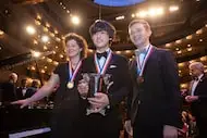 From left, silver medal winner Anna Geniushene, 31, of Russia, gold medal winner with the...