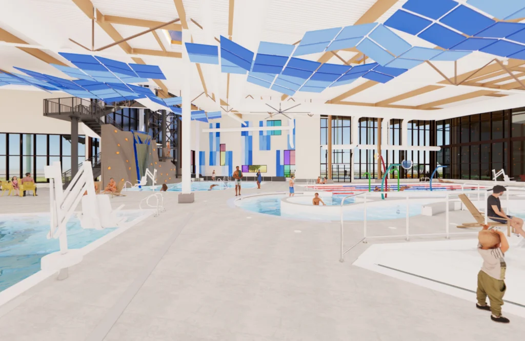 Rendering of a sunlit rec center room with multiple indoor pools, including a lazy river, and guests enjoying the space.