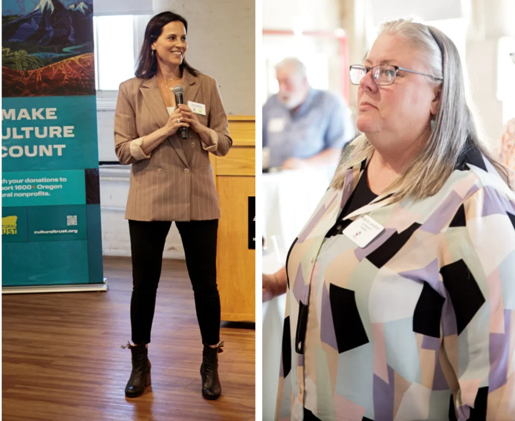 Liora Sponko (left), senior program manager of the Oregon Cultural Trust, and Roberta Lavadour, a member of the Oregon Arts Commission and executive director of the Pendleton Center for the Arts, spoke at the arts gathering in Salem.